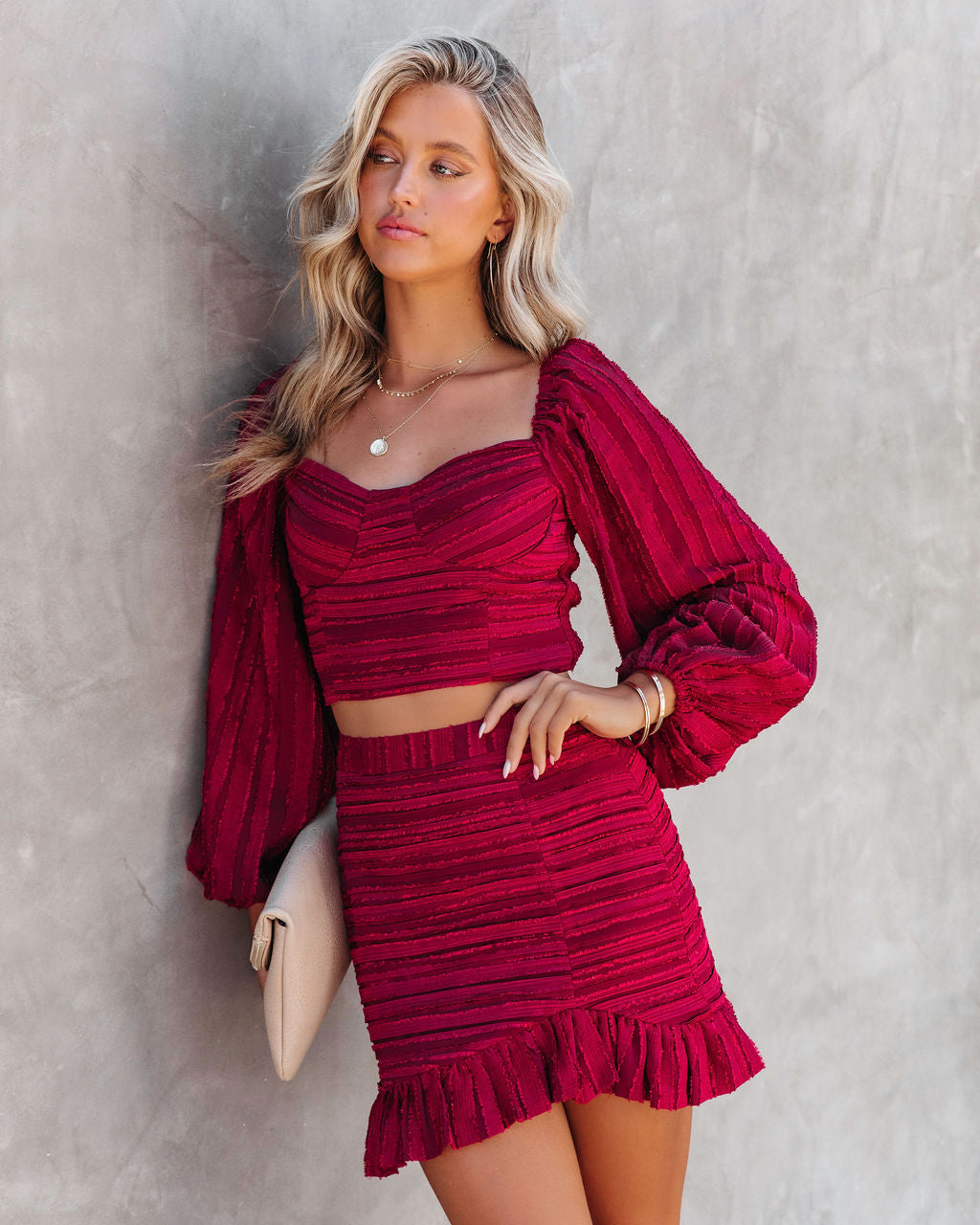 Scarlett Textured Balloon Sleeve Crop Top - Burgundy - FINAL SALE