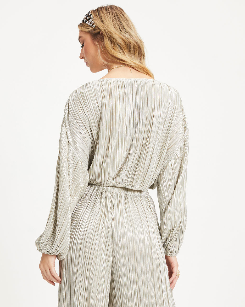 Kiyara Billowed Shimmer Plisse Top - Silver