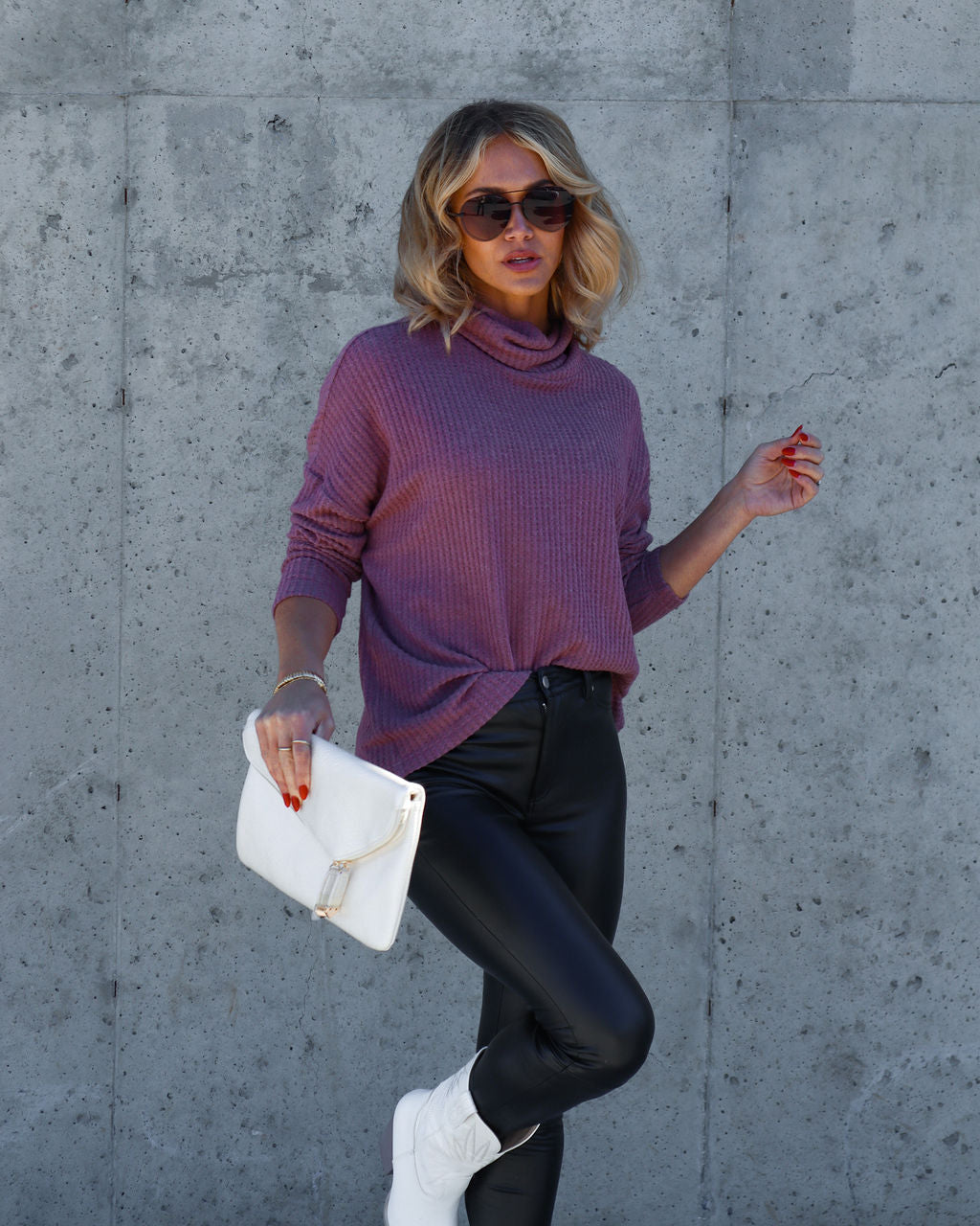 Braelynn Waffle Knit Turtleneck Long Sleeve Top - Rose