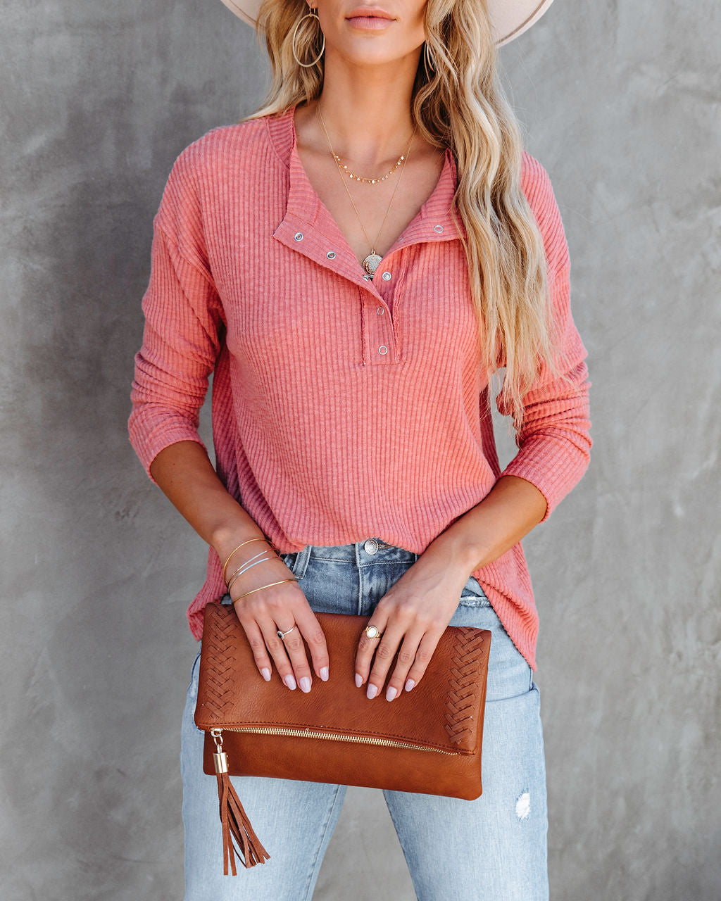Andria Soft Ribbed Henley Top - Clay