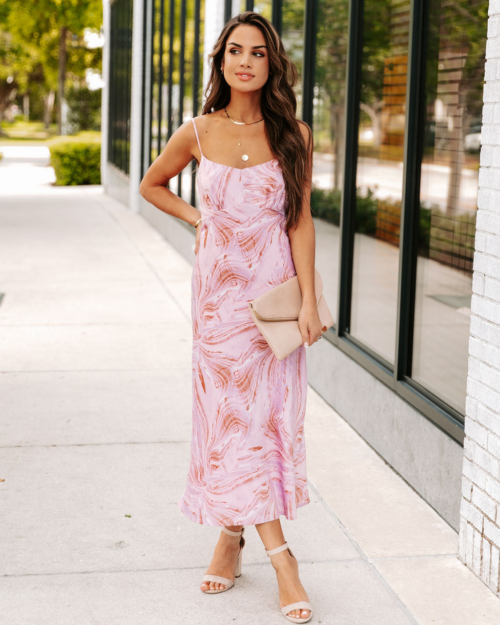Sarai Satin Marble Print Midi Dress - Pink Lilac - SALE