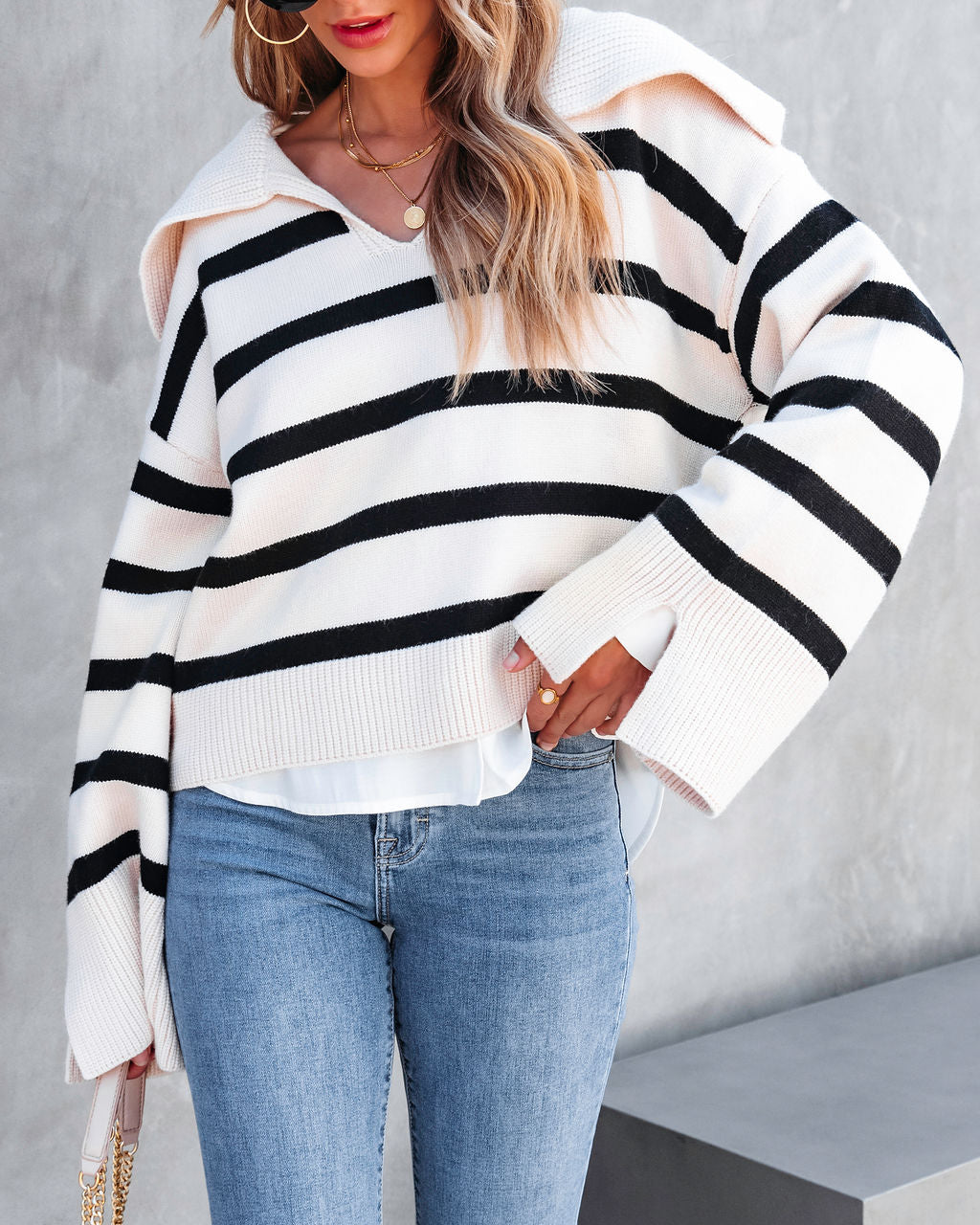 Maxwell Striped Knit Pullover Sweater - Beige