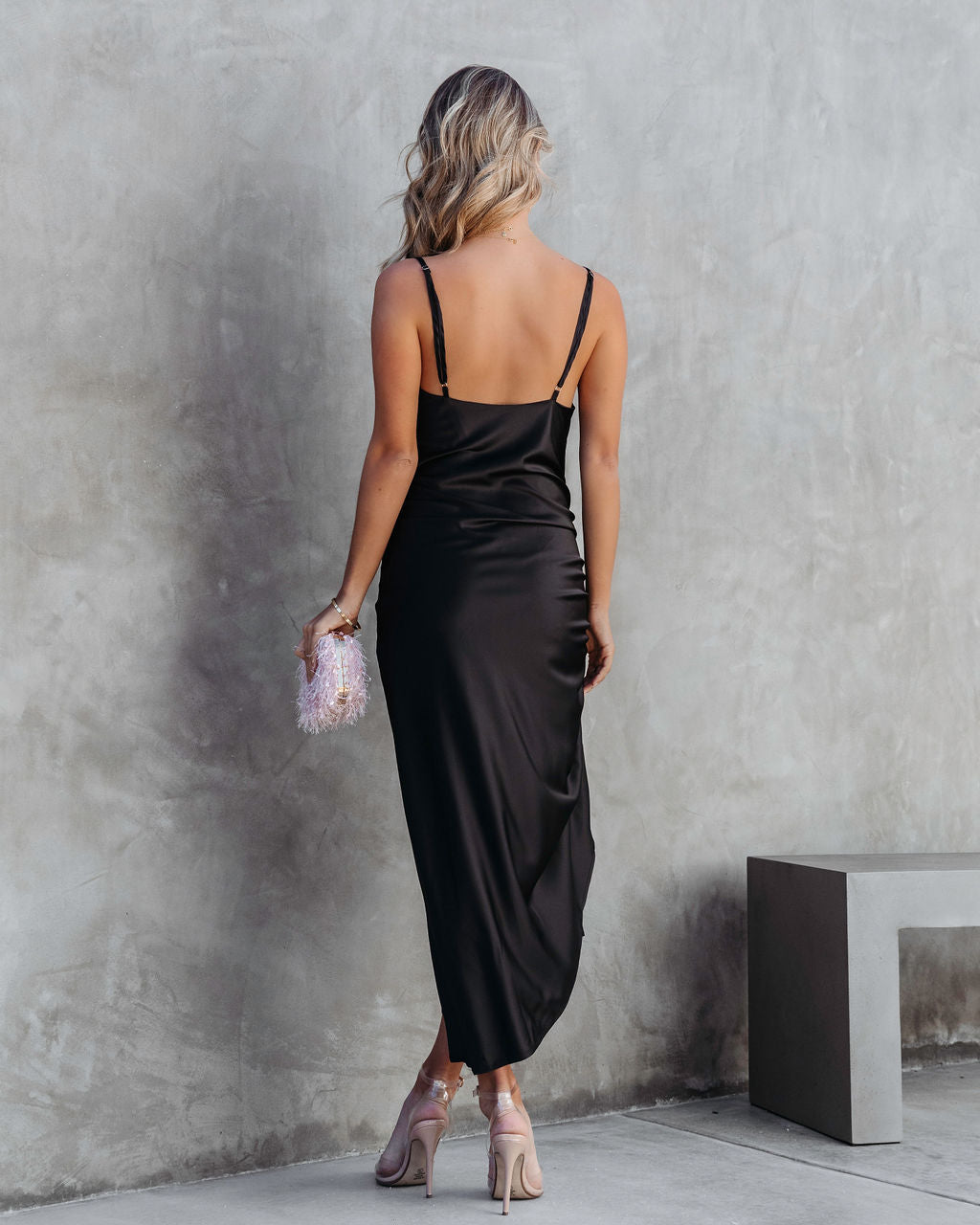 Juliana Satin Cowl Neck Ruched Asymmetrical Maxi Dress - Black