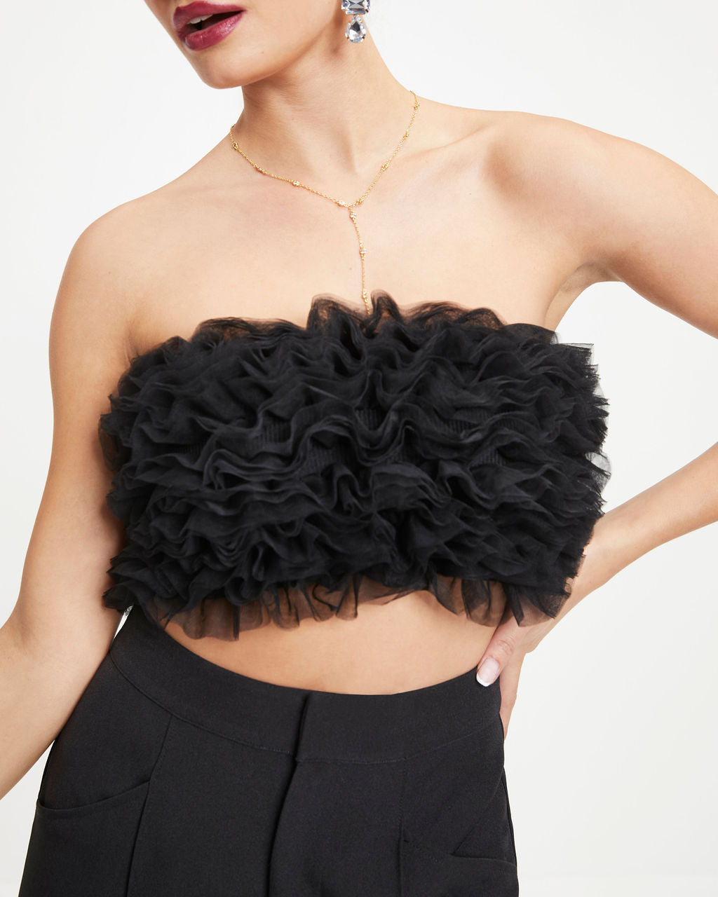 Black Swan Strapless Tulle Crop Top - Black