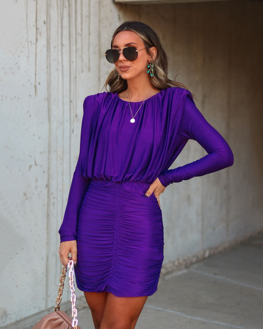 Chance To Dance Padded Shoulder Ruched Mini Dress - Plum