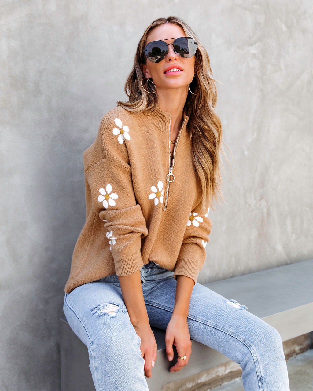 Prettiest Daisy Half Zip Pullover Sweater - Tan