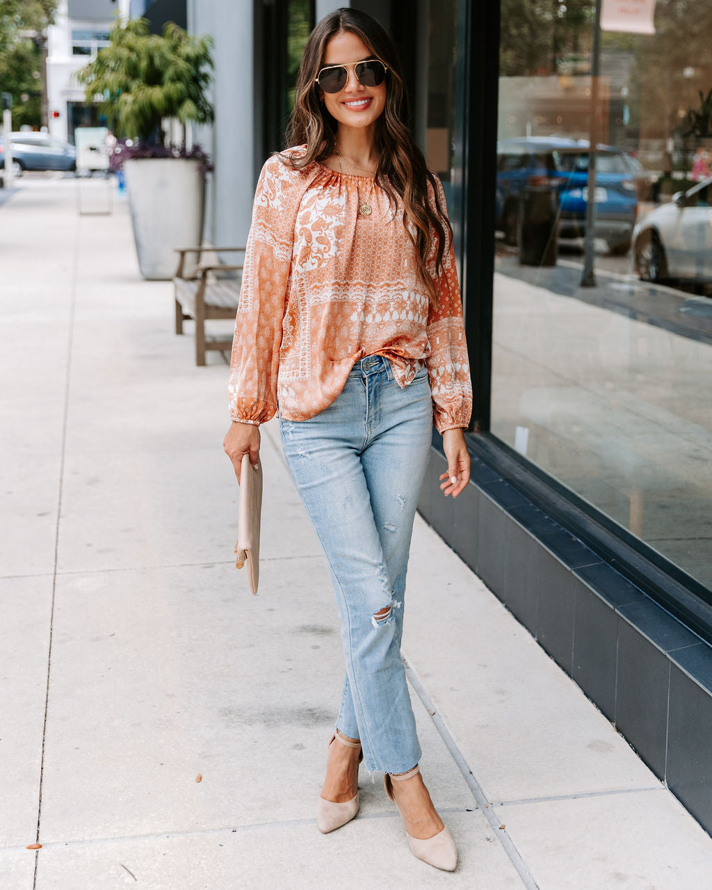 Donna Printed Cutout Top - Clay - FINAL SALE