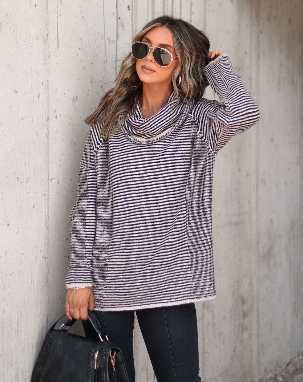 Theresa Striped Knit Cowl Neck Pullover Sweater