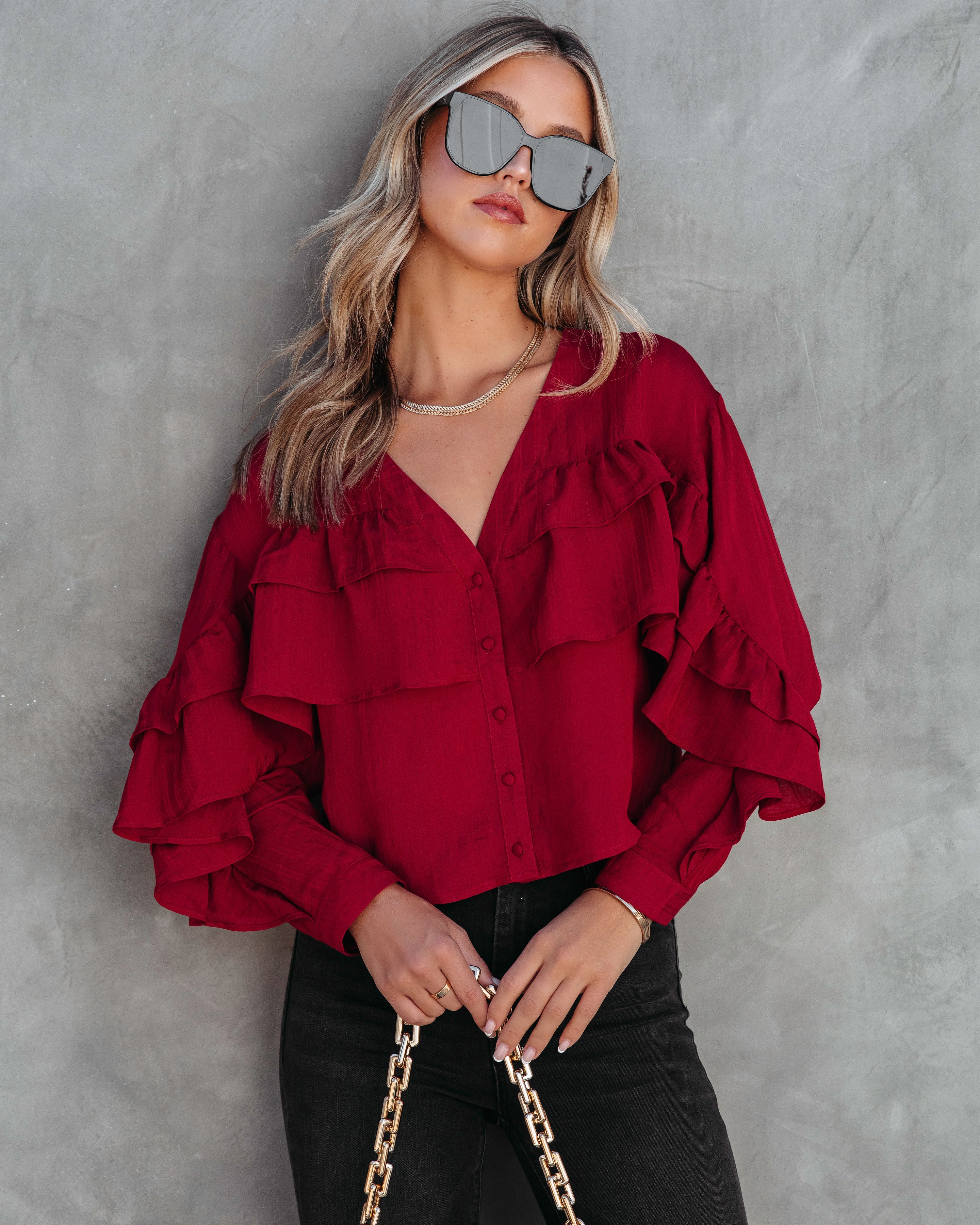 Mary Ruffle Button Down Top - Wine