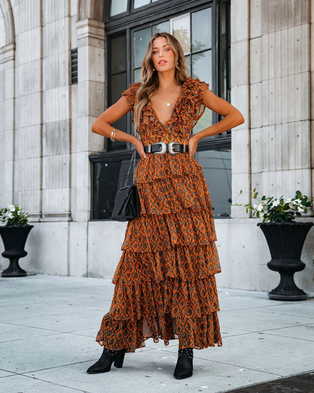 Desert Queen Printed Tiered Belted Maxi Dress