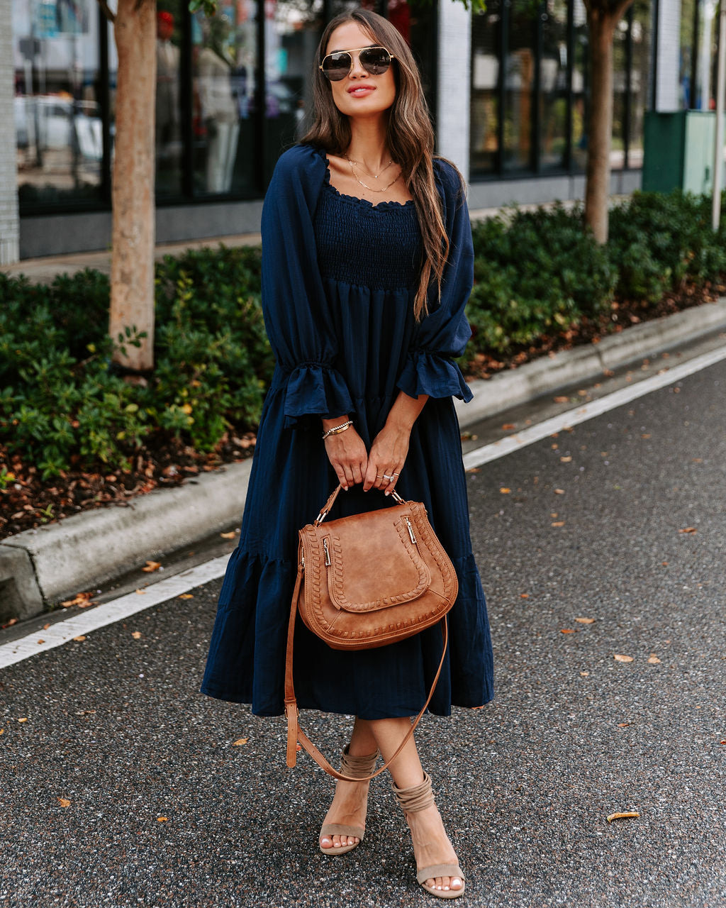River Pocketed Puff Sleeve Midi Dress - Navy