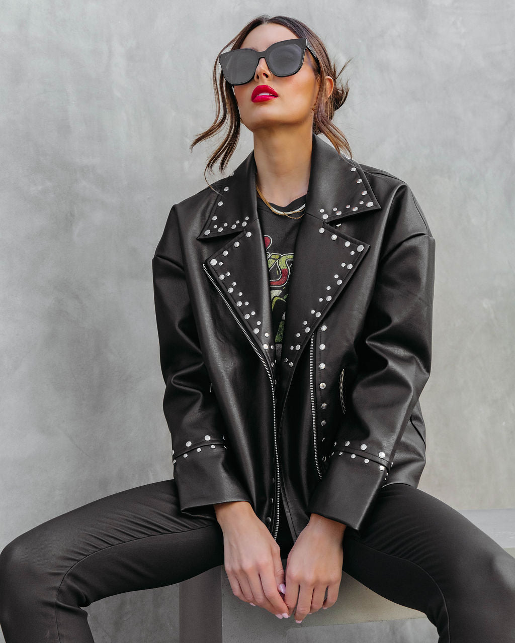 Davidson Faux Leather Pocketed Studded Jacket - Black