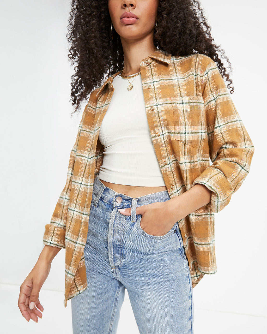 Falls Gold Rush Plaid Button Down Top