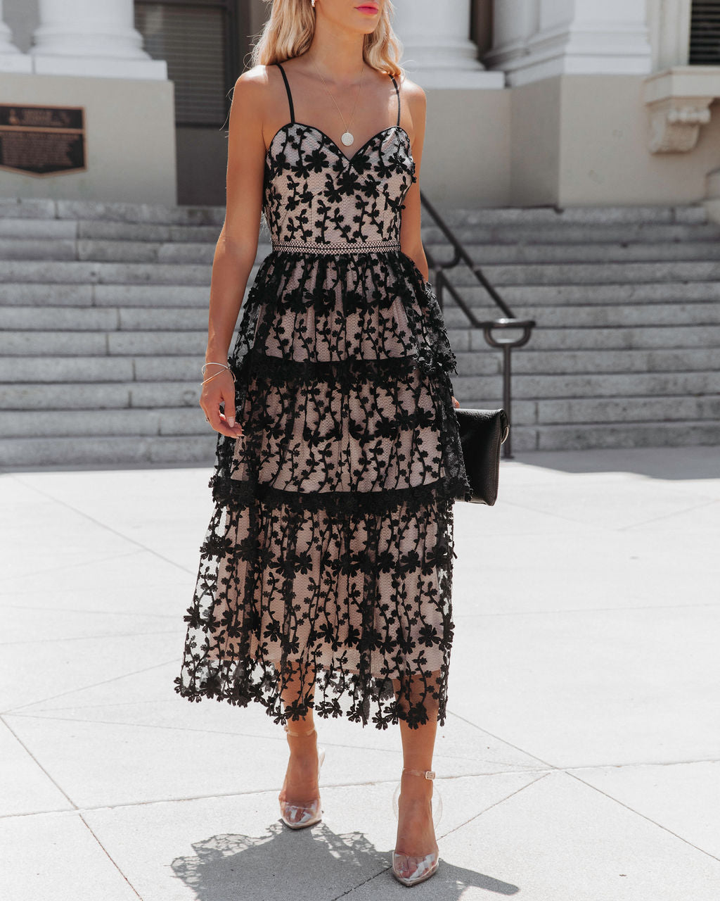 Pascal Tiered Crochet Lace Midi Dress - Black