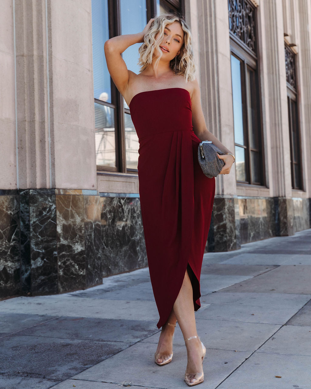 Aglow Strapless Draped Midi Dress - Wine