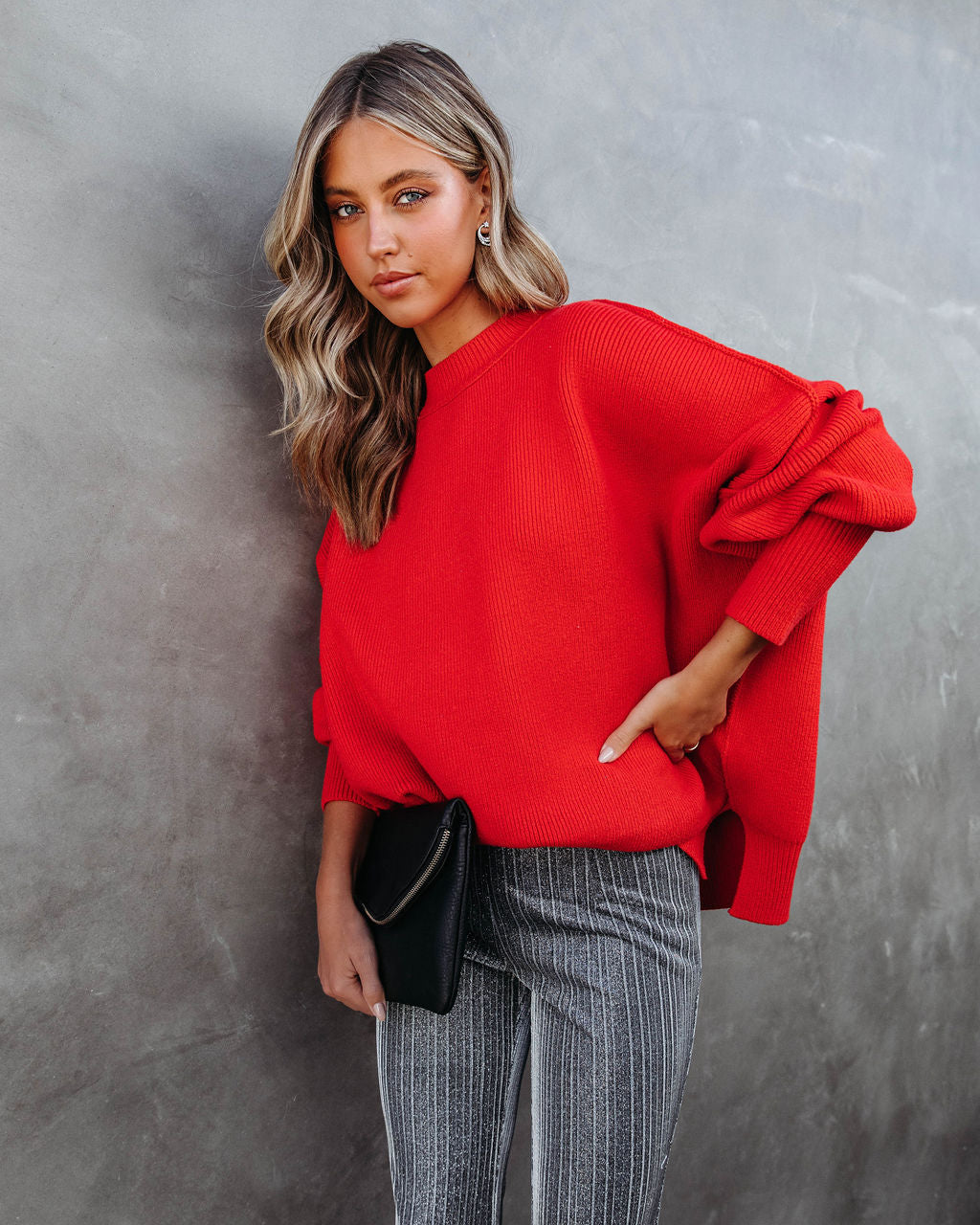 Elouise Knit Oversized Pullover Sweater - Red