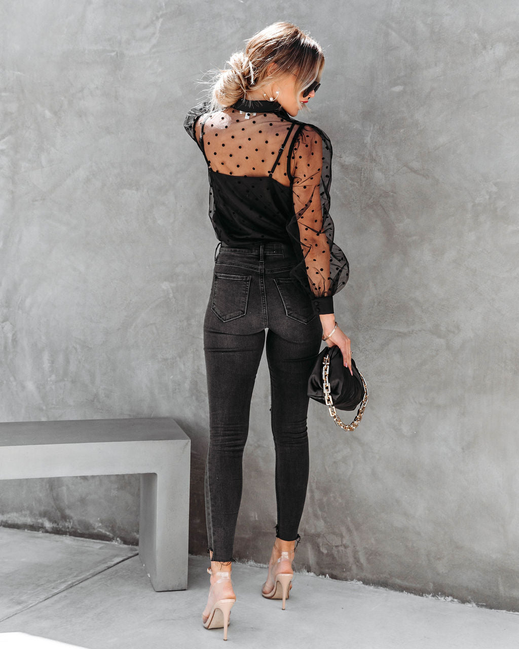 Bonjour Mon Amour Tulle Polka Dot Button Down Top - Black
