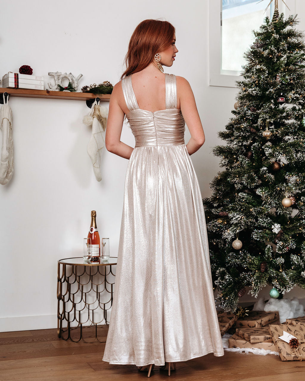 Talk Of The Party Metallic Slit Maxi Dress - Champagne