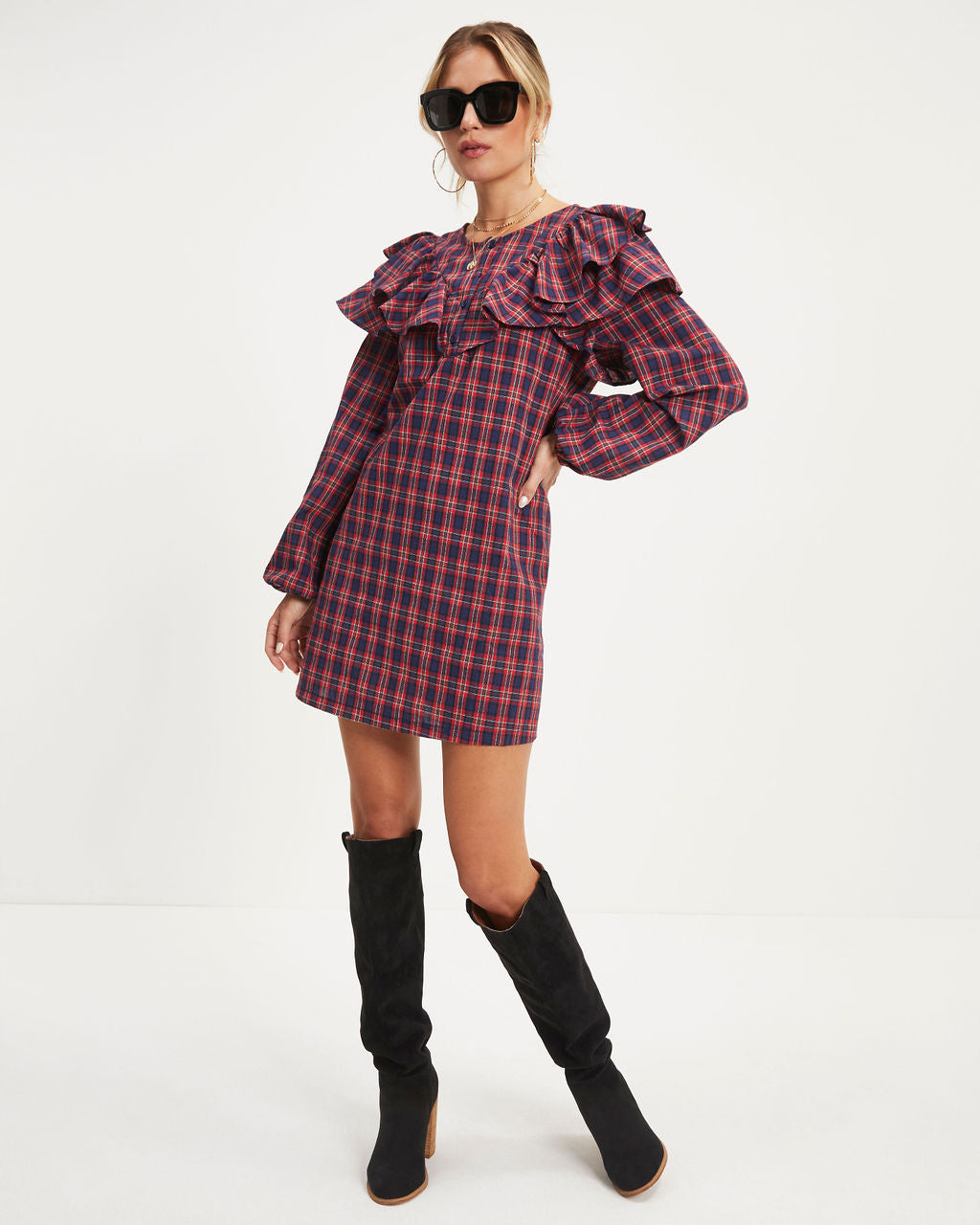 Be Merry Plaid Ruffle Mini Dress