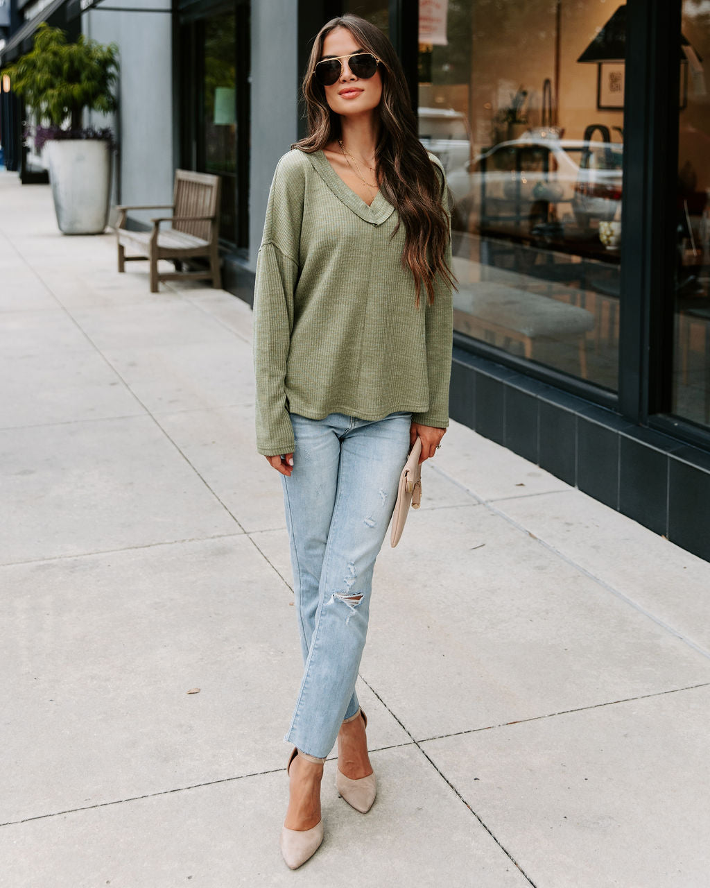 Touch Of Fall Oversized Ribbed Long Sleeve Top - Olive