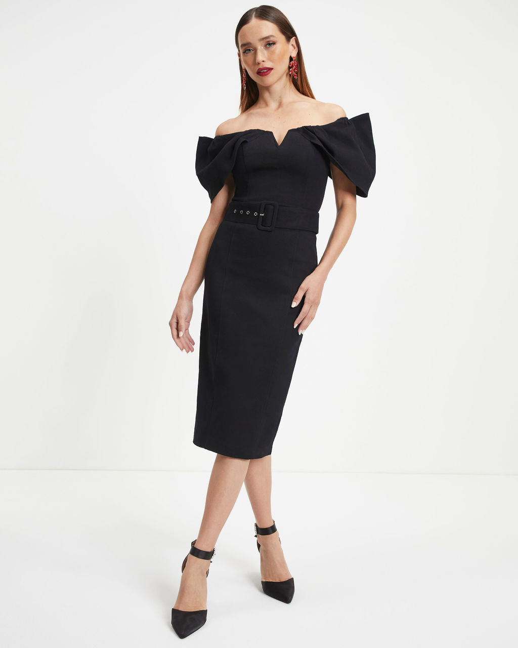 Rafaella Off The Shoulder Belted Midi Dress - Black