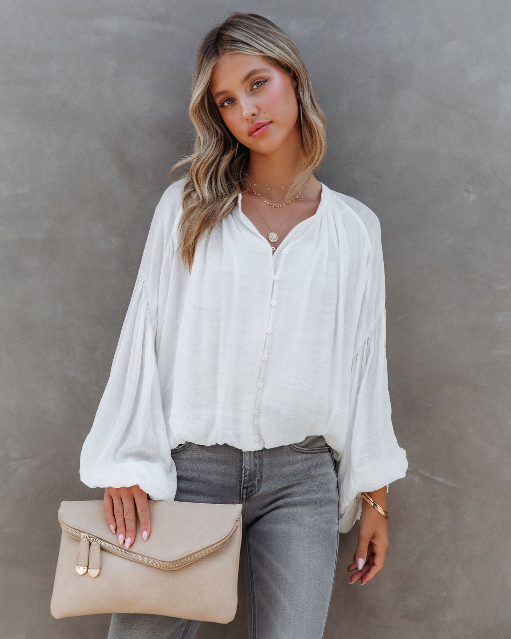 Bodhi Balloon Sleeve Button Up Top - White