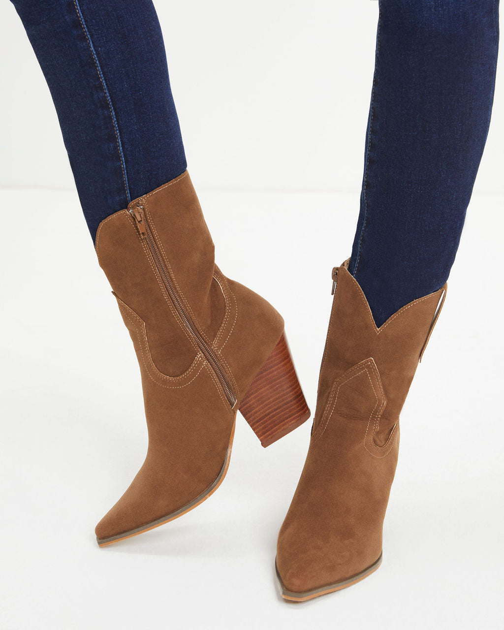 Clare Faux Suede Heeled Western Boot - Coffee