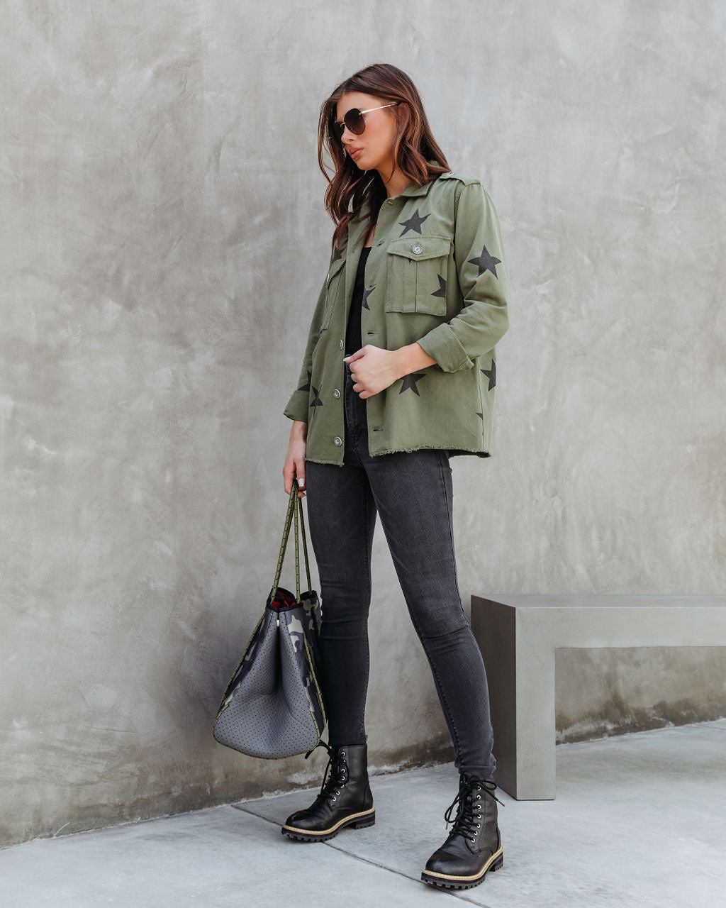 All Aligned Frayed Star Jacket - Olive