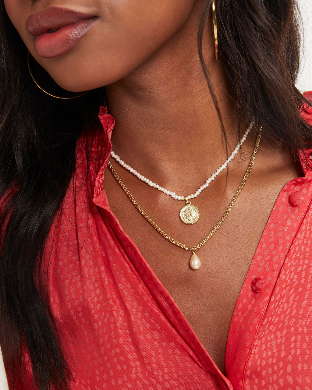 Shashi - Brittany Pearl Coin Layered Necklace - Gold