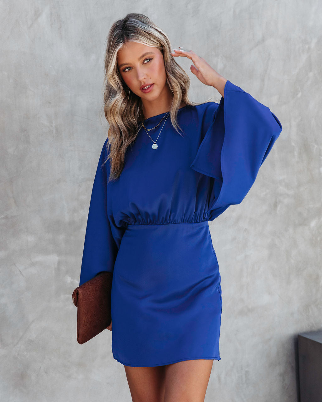 Ever Mine Satin Wide Sleeve Mini Dress - Blue