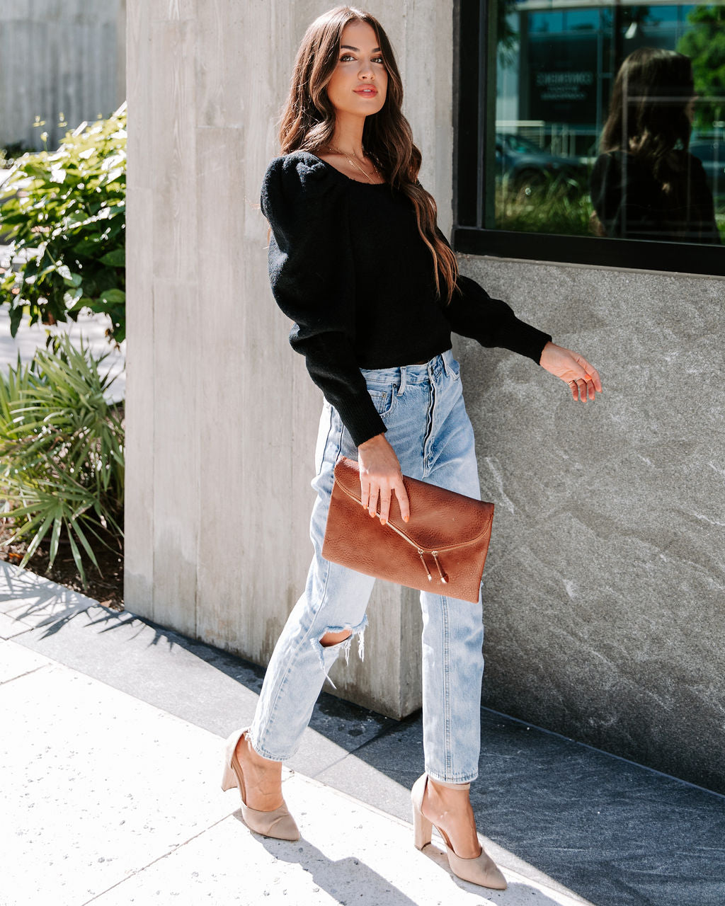 Arianna Knit Puff Sleeve Sweater - Black