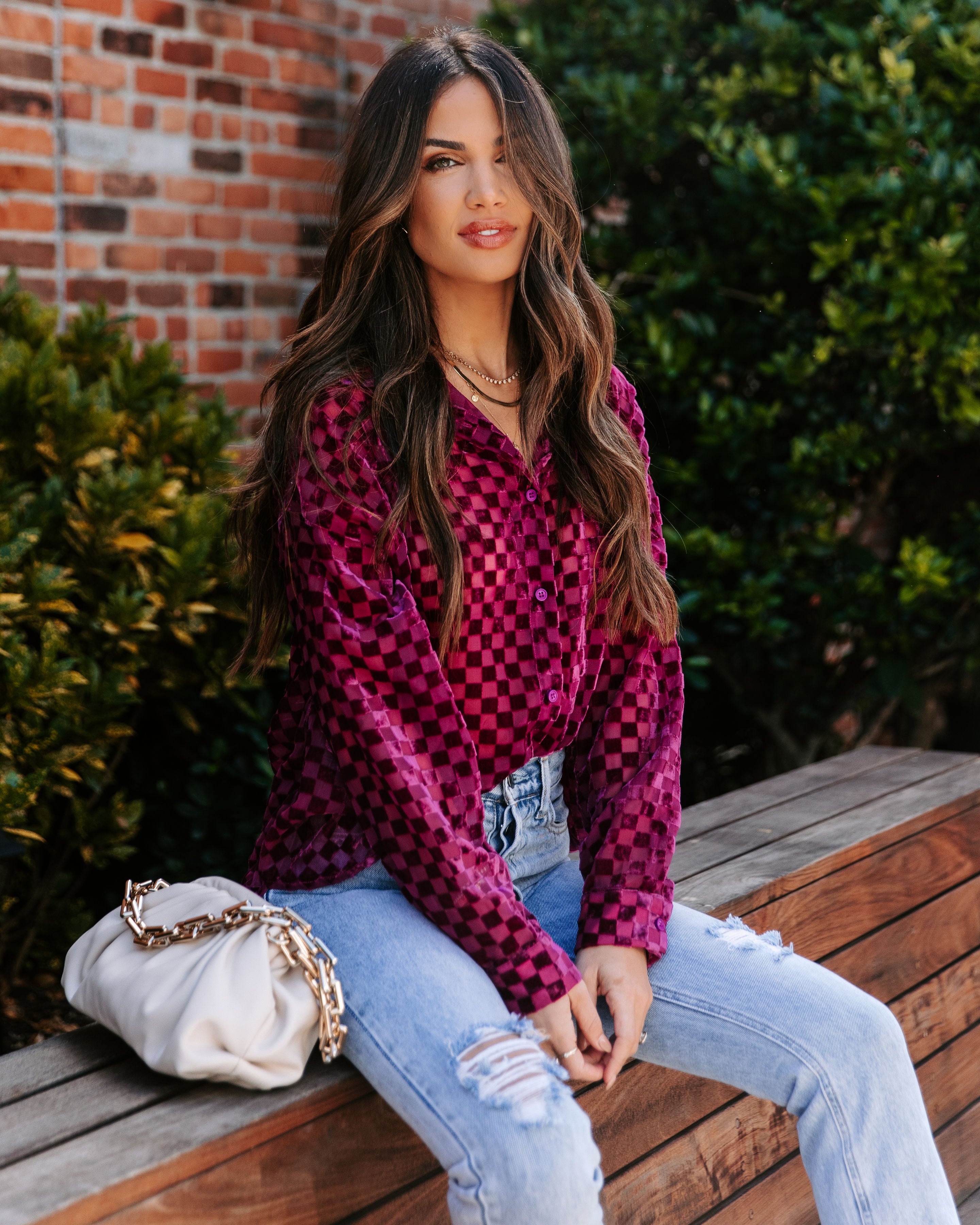 Check You Out Burnout Velvet Button Down Top - Fuchsia