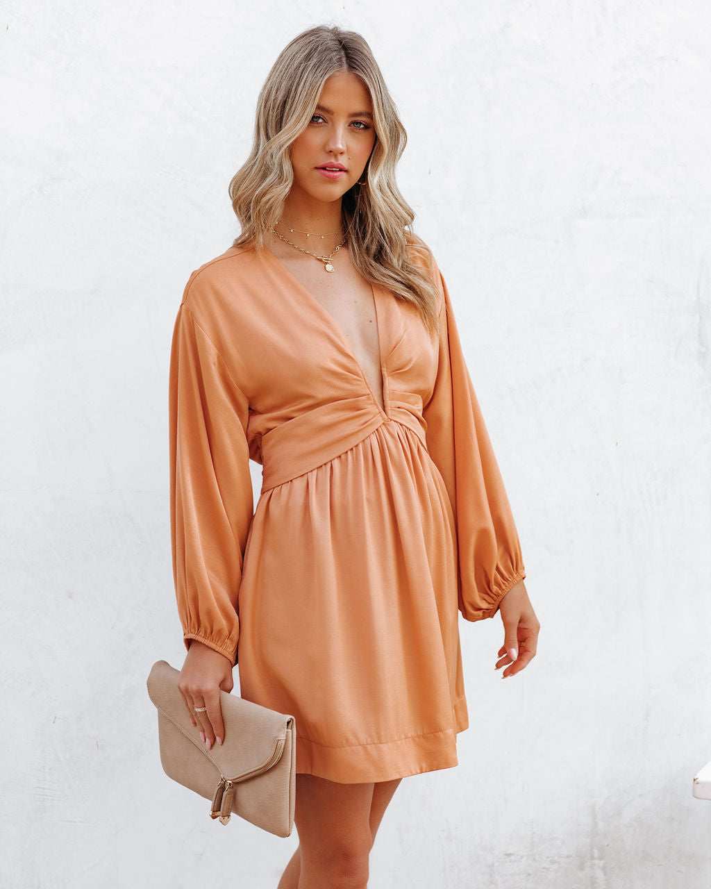 Karsan Pocketed Plunge Mini Dress - Dusty Peach