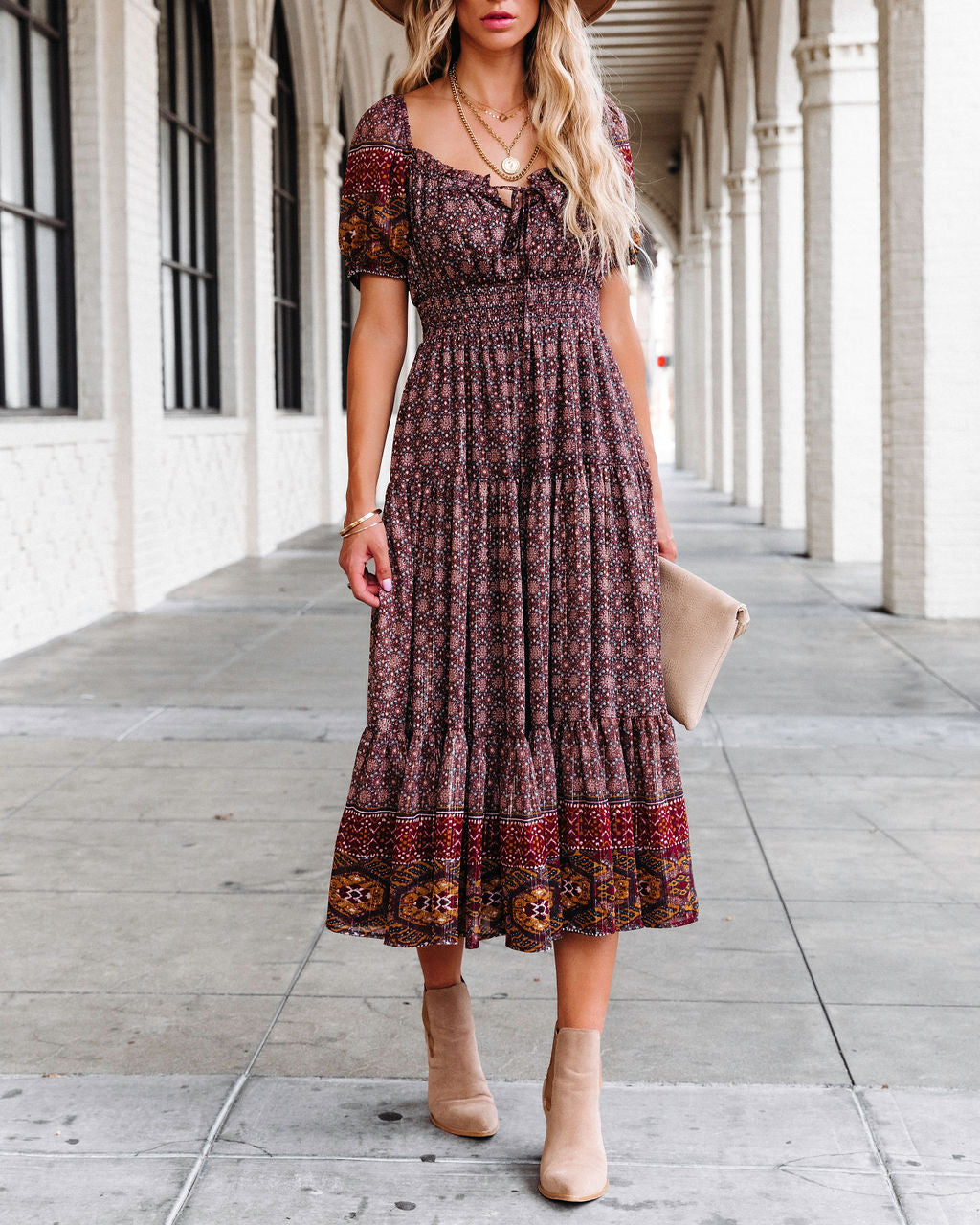 Harvest Moon Printed Tiered Puff Sleeve Midi Dress