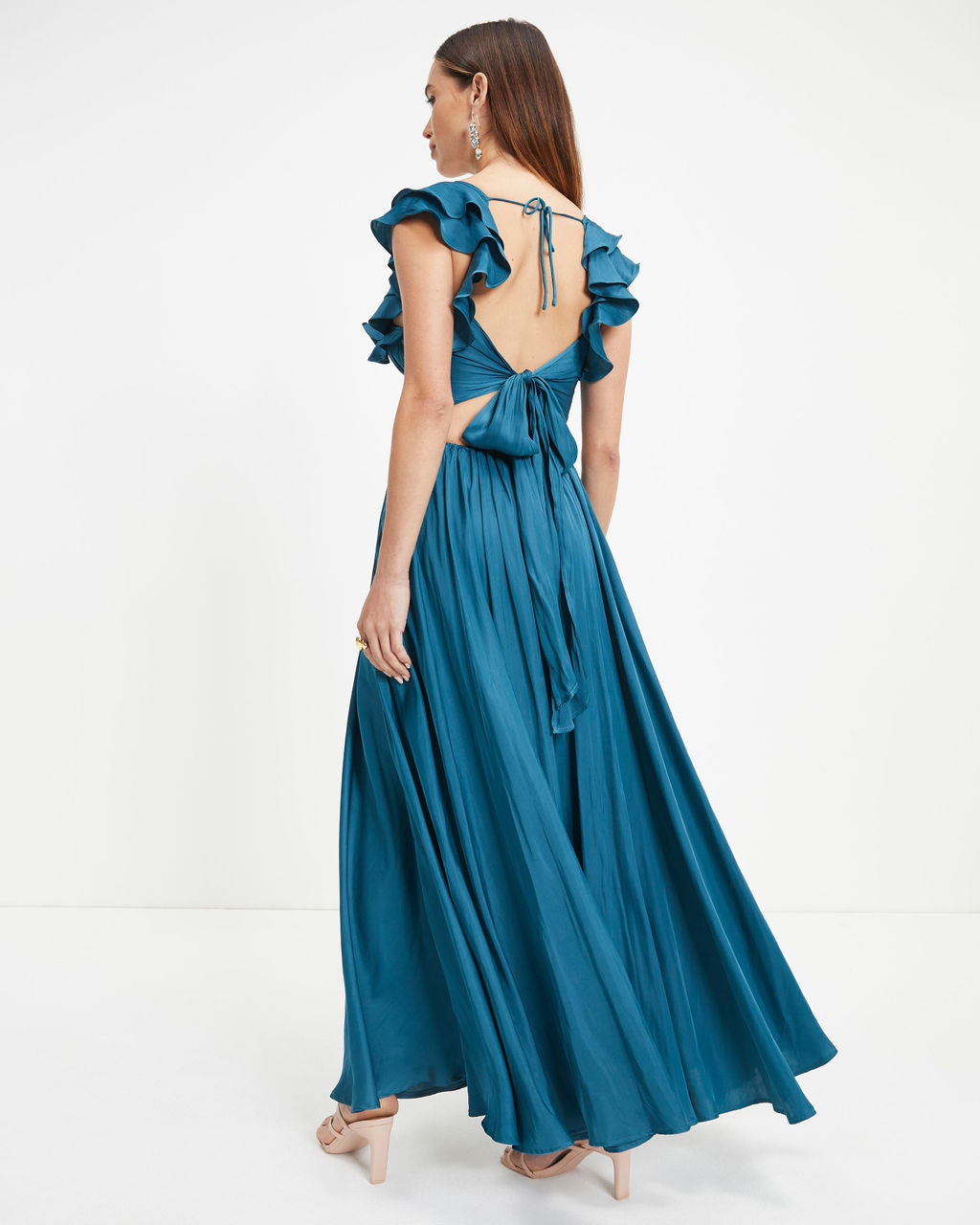 First Class Satin Ruffle Cutout Maxi Dress - Dark Teal