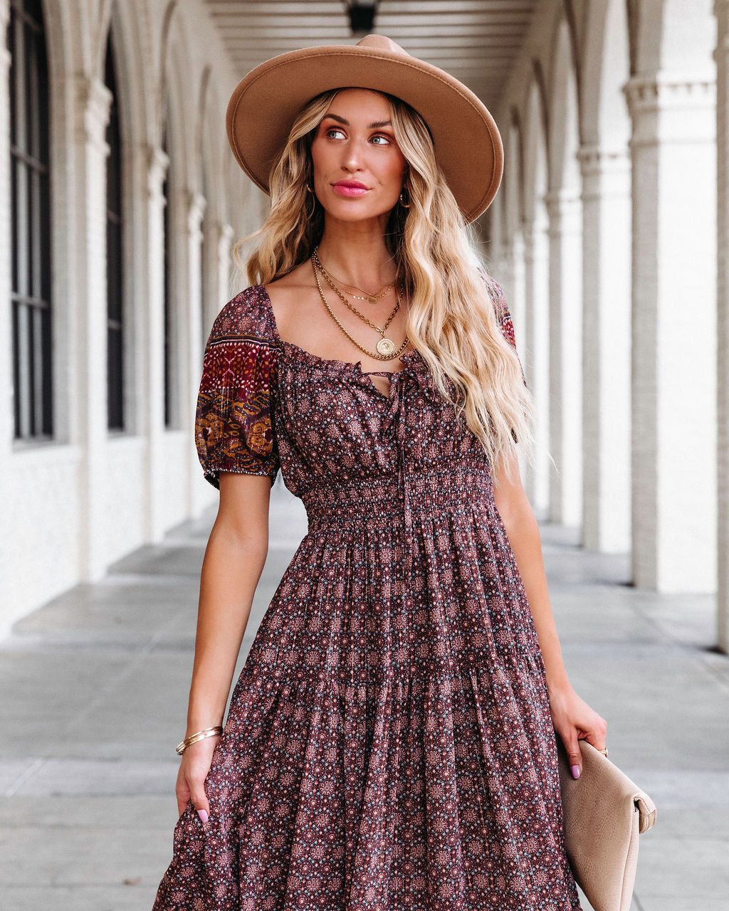 Harvest Moon Printed Tiered Puff Sleeve Midi Dress