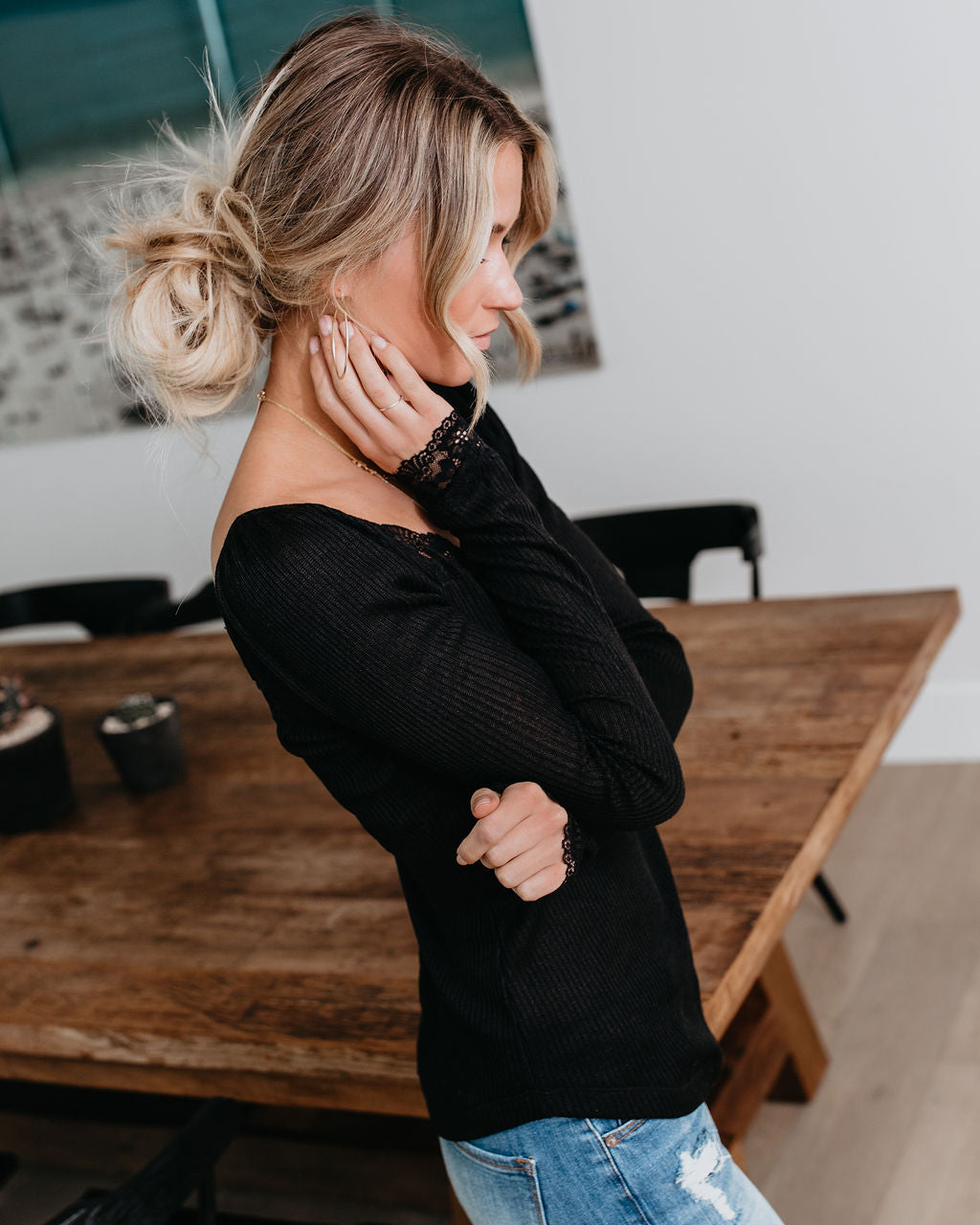 Isn'T It Romantic Lace Henley Top - Black