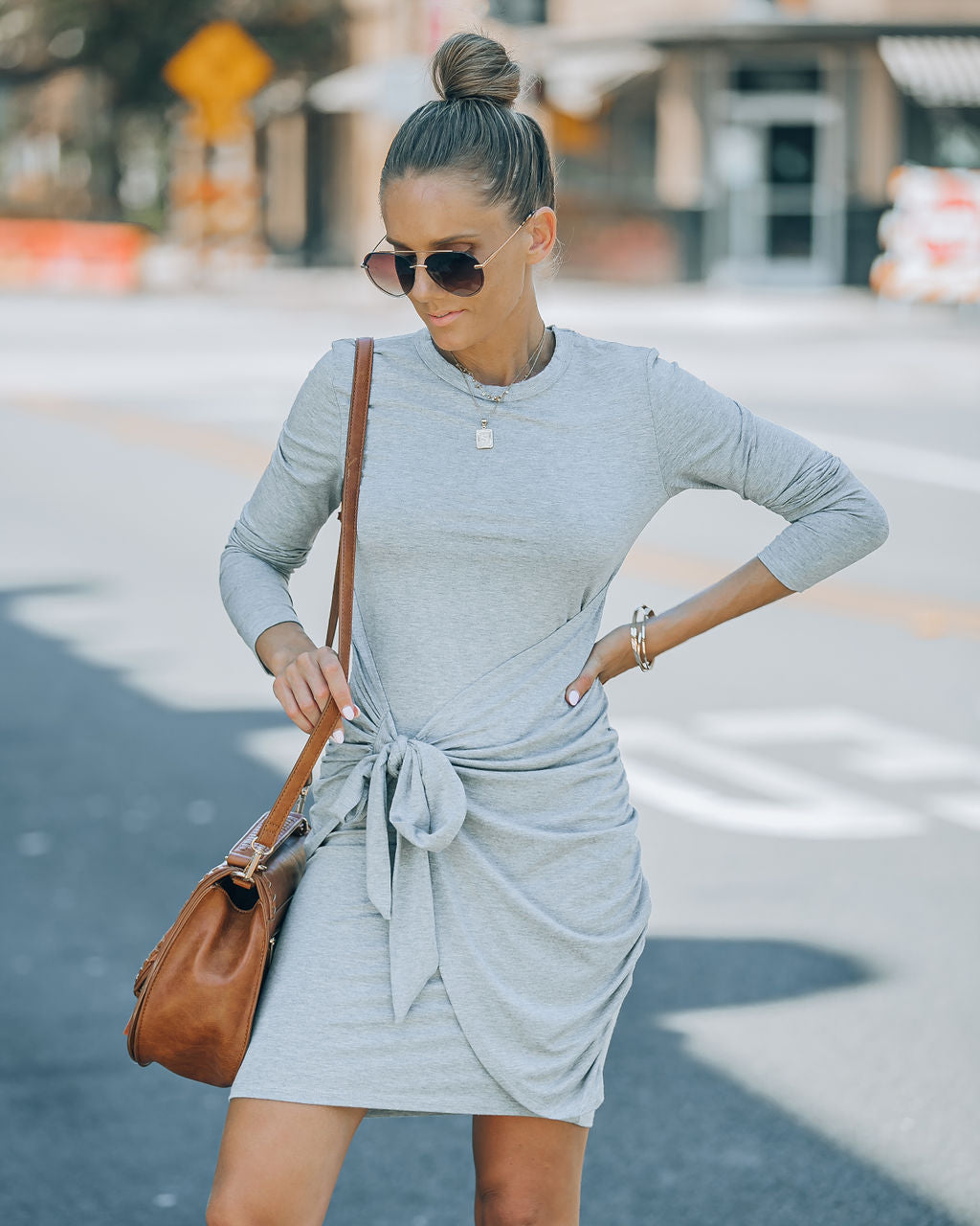 Ayda Drape Front Tie Mini Dress - Heather Grey - FINAL SALE