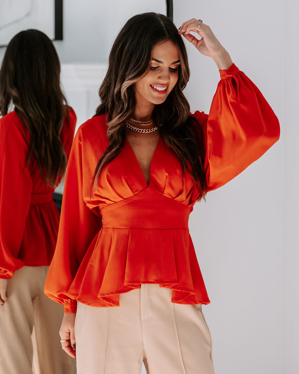 Gianna Plunge Neck Long Sleeve Top - Rust