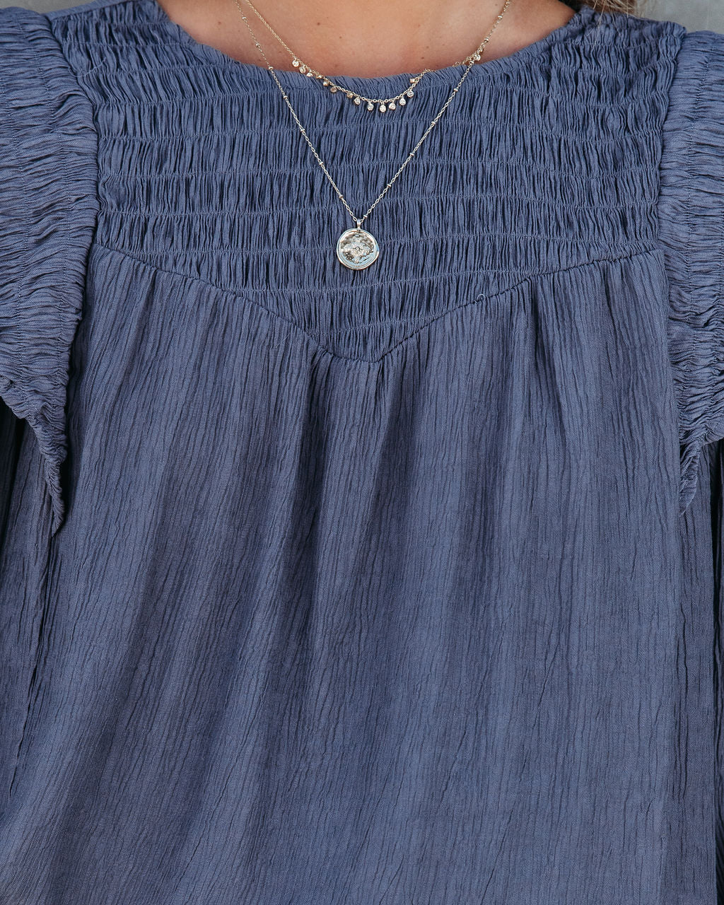 Justina Crinkle Ruffle Shoulder Top - Charcoal