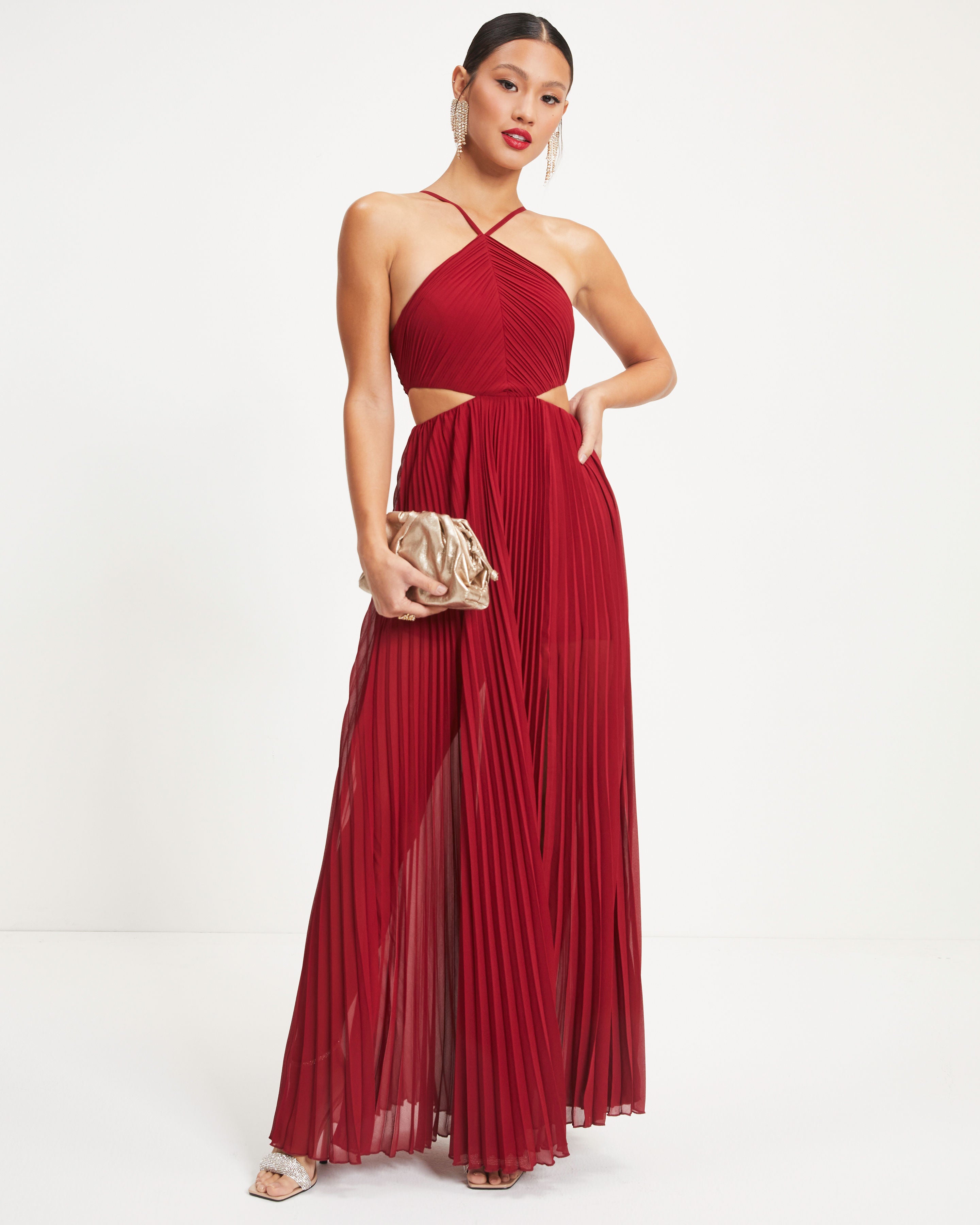 Jasmina Pleated Cutout Side Maxi Dress - Wine