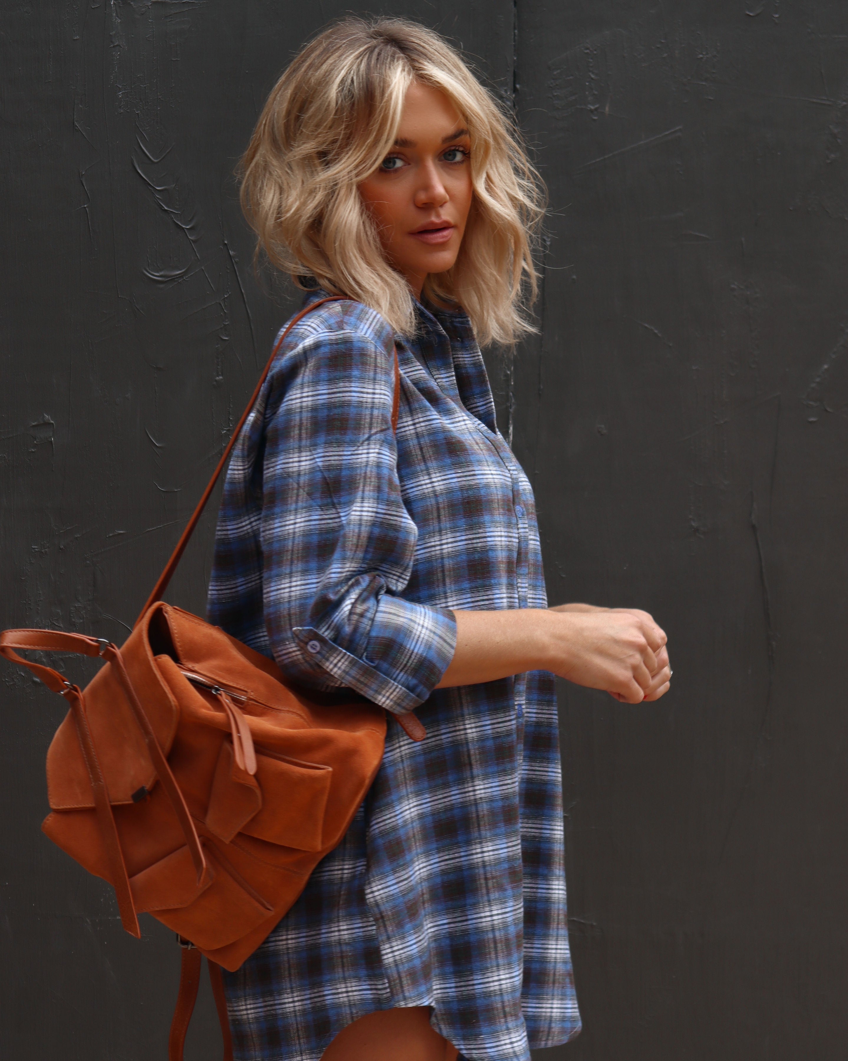 Averie Plaid Pocketed Shirt Dress - Blue