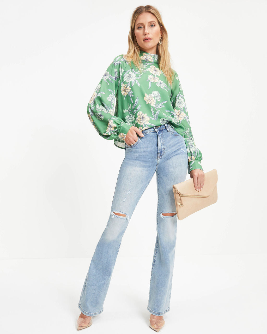 Peaceful Oasis Satin Floral Mock Neck Top