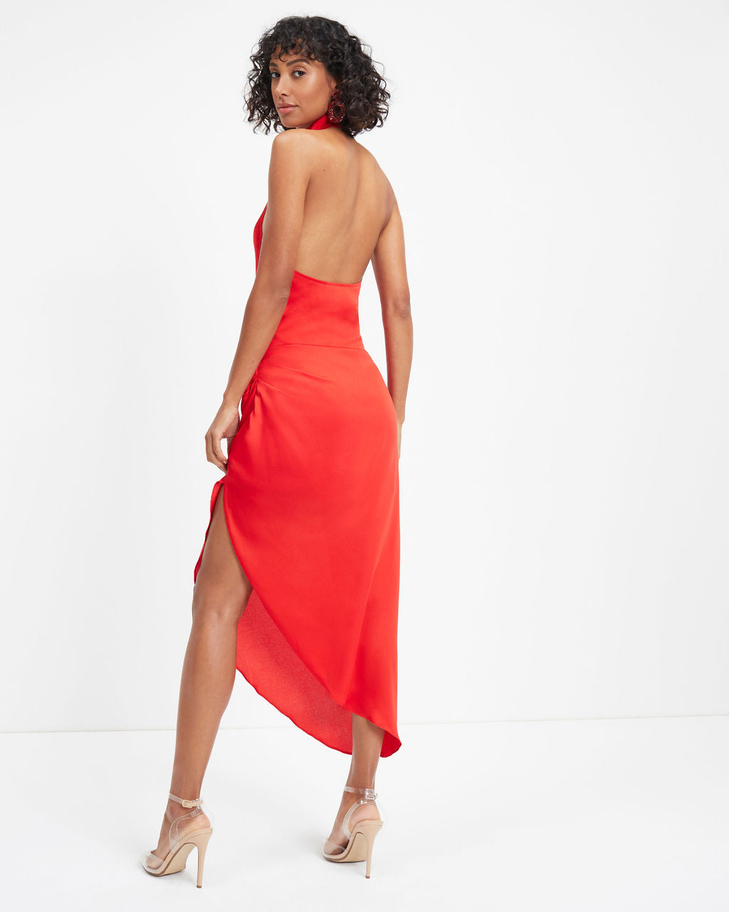 Havyn Satin Asymmetrical Halter Midi Dress - Red
