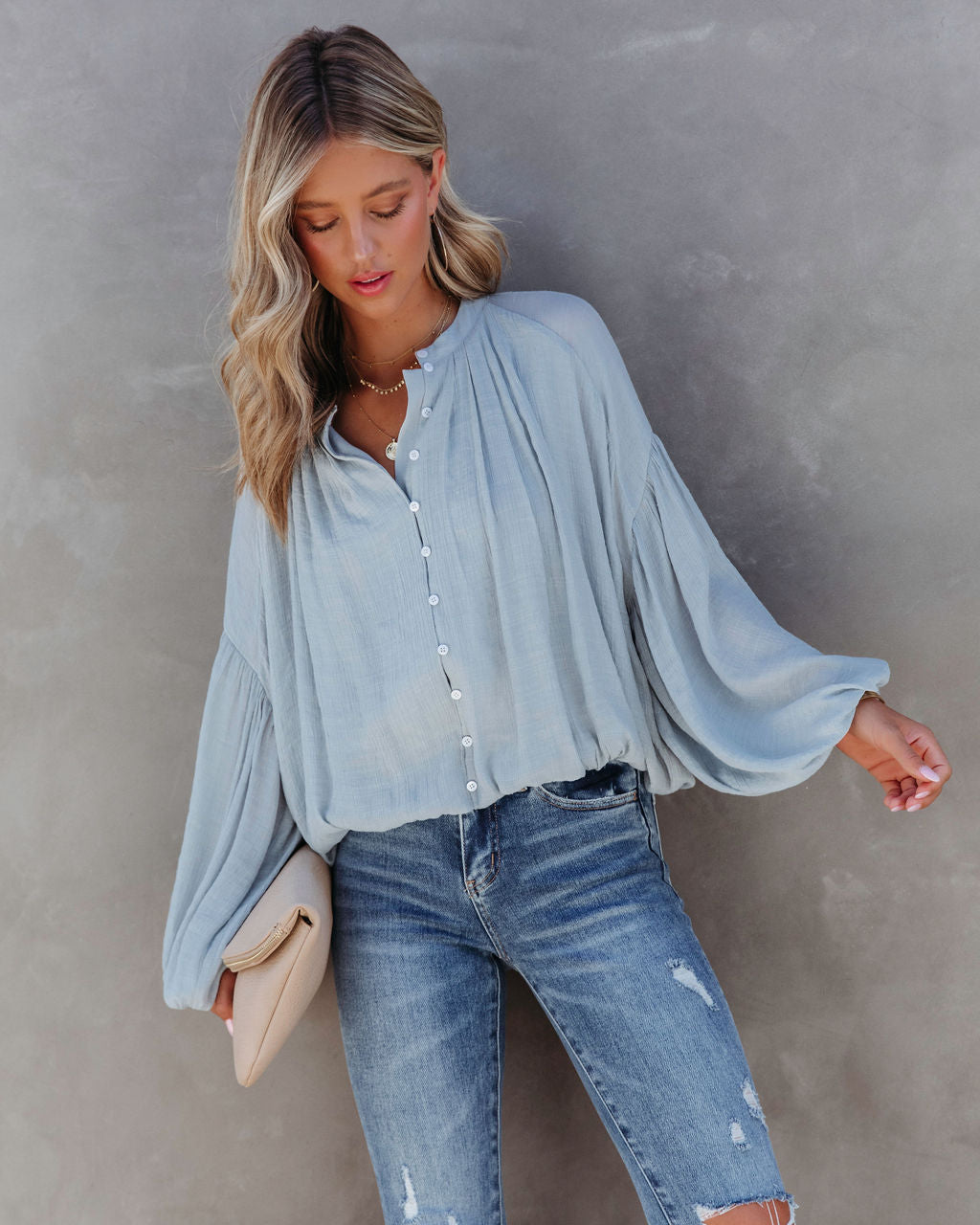 Bodhi Balloon Sleeve Button Up Top - Light Blue