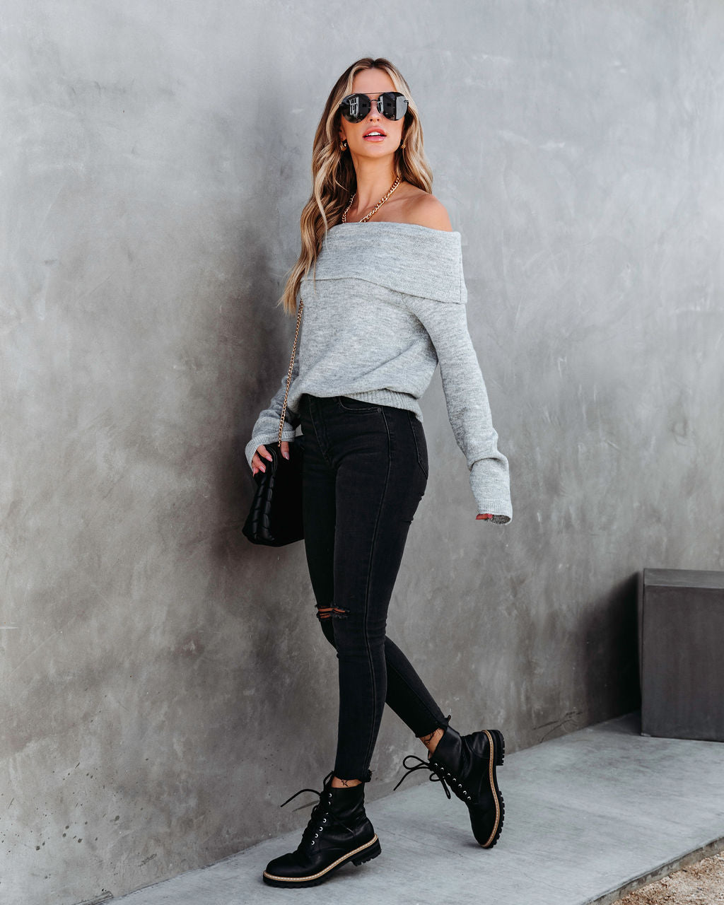 Dreamworld Off The Shoulder Pullover Sweater - Heather Grey