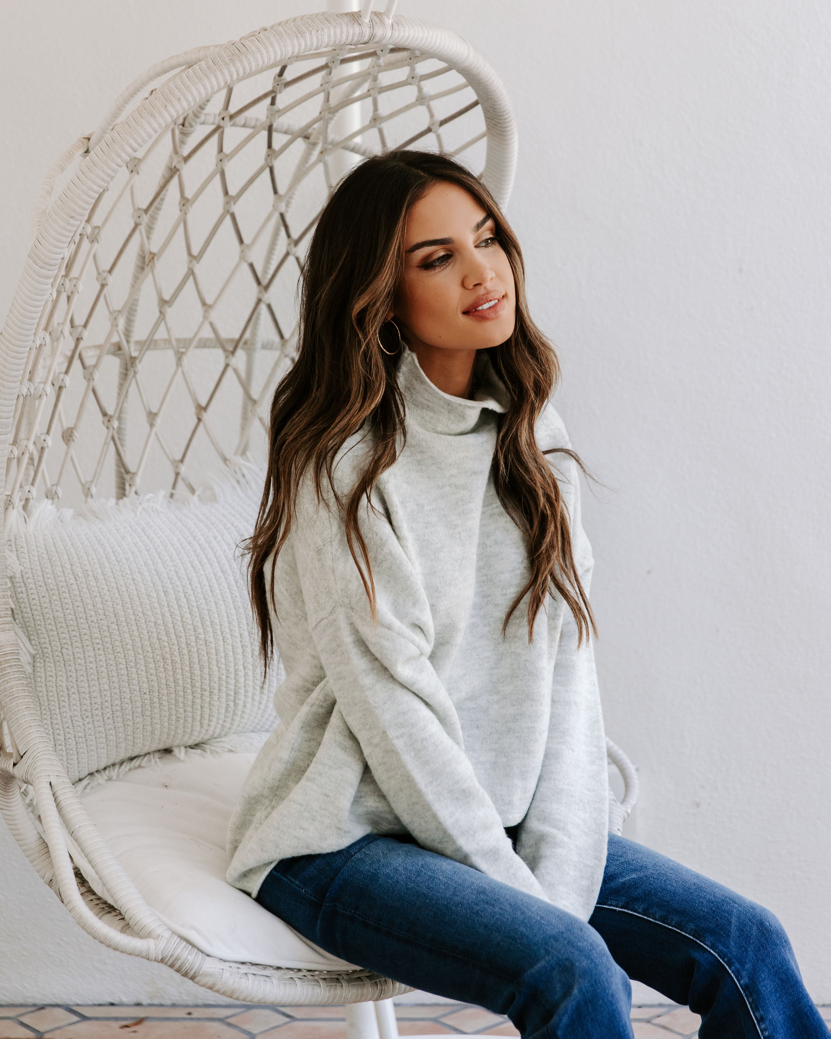 Cozy Fall Breeze Mock Knit Pullover Sweater - Heather Grey