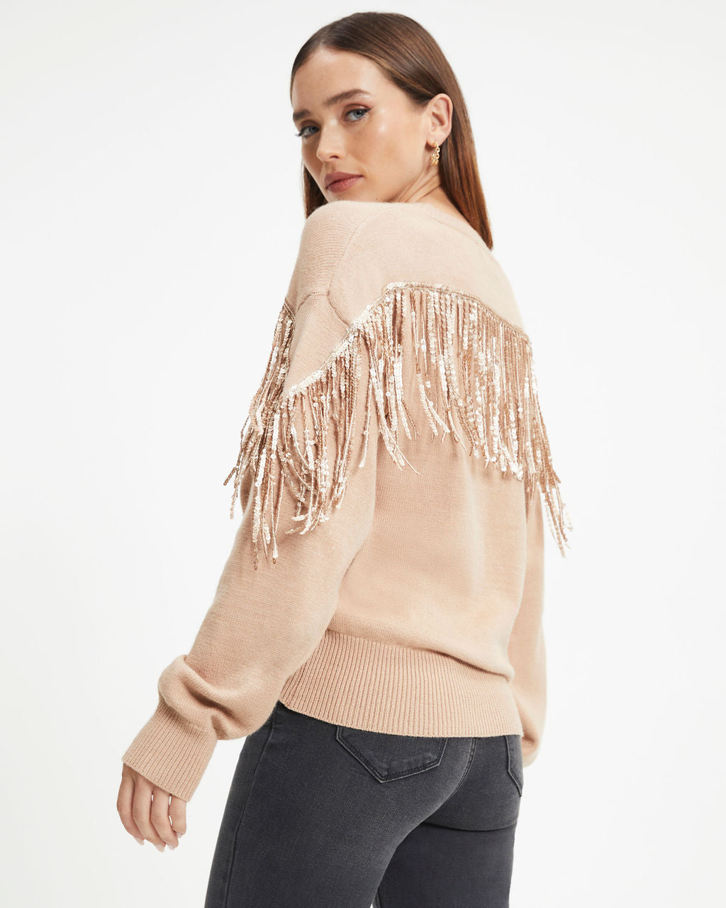 Western Glam Knit Fringe Sequin Pullover Sweater - Mocha
