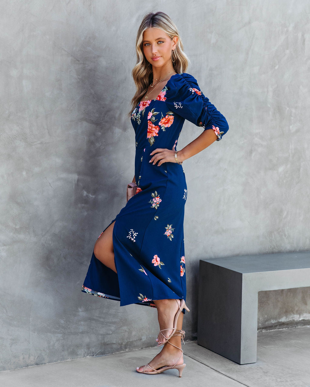 Life Is Peachy Floral Ruched Puff Sleeve Midi Dress - FINAL SALE
