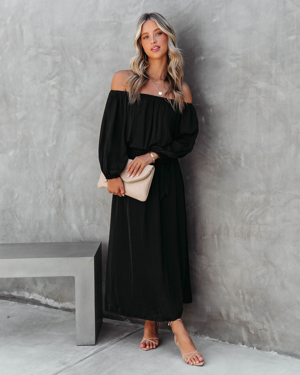 Echo Off The Shoulder Front Tie Midi Dress - Black